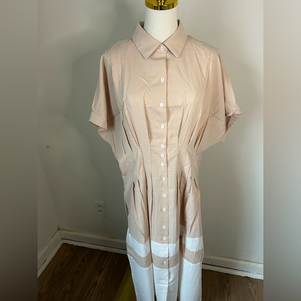 Neutral Beige & White Button-Front Maxi Shirt Dress - Picture 11 of 13